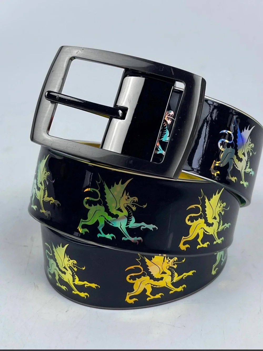 Black Patent Belt with Iridescent Dragon Motif